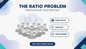 Crowded tech meetup scene with repeated profile cards, showing how dating profiles can blur together.