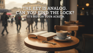 Vintage brass key on a cafe table next to a book and coffee, representing the analog path to meet people without dating apps.
