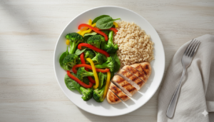 Step 1: Build a balanced plate with the “½ veg, ¼ protein, ¼ carbs” cue