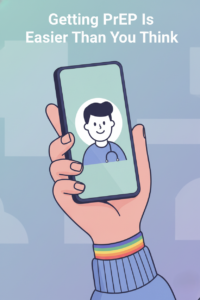 Illustration of a person using a smartphone for a TelePrEP consultation, with soft LGBTQ-friendly colors.
