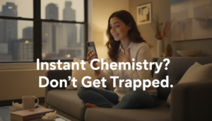 woman texting on a dating app feeling confused by instant chemistry in a U.S. dating scenario