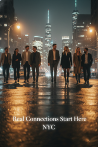 Nighttime NYC street scene with skyline in background and ground-level text on pavement reading “Real Connections Start Here — NYC.”
