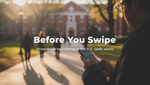 Blurred U.S. campus with an international student on their phone and the title Before You Swipe about dating in the U.S.