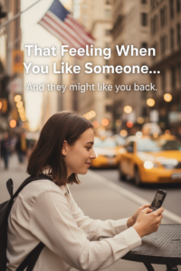 Newcomer in the U.S. smiling at their phone with cinematic soft lighting and text saying That Feeling When You Like Someone