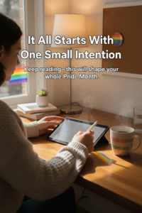 Realistic photo for Step 1 showing a person writing their Pride intentions with rainbow light on the desk, featuring text overlay saying ‘It All Starts With One Small Intention’.