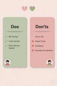 Infographic about dating etiquette showing two columns labeled ‘Dos’ and ‘Don’ts’, with pastel colors, heart icons, and simple bullet-point tips for good and bad dating behavior.