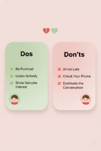 Dating infographic showing Dos and Don’ts, with a green card listing Be Punctual, Listen Actively, Show Genuine Interest, and a pink card listing Arrive Late, Check Your Phone, and Dominate the Conversation.