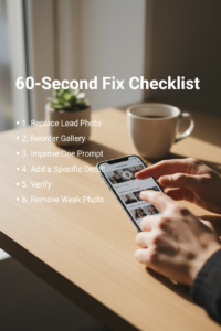 Hands editing dating profile on phone, checklist layout showing six steps of the 60-second Hinge profile fix, no face visible.