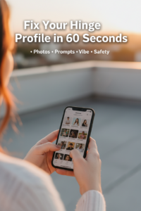 Person editing dating app profile on smartphone, over-the-shoulder angle, no face visible, minimalist background, space above for text.