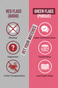 Infographic comparing red flags (ghosting, vagueness) versus green flags (clear communication, consistency) when vetting recruiters on job seekers dating apps.