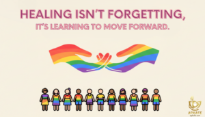Inspirational LGBTQ-themed vector illustration with a bold two-line healing quote and subtle rainbow elements, with small simplified figures in the background.