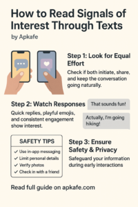 “Infographic showing four illustrated steps to read dating text signals with Tinder and Bumble logos.”