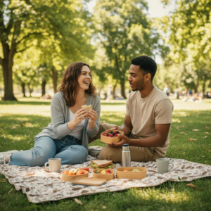 “Outdoor park picnic date with homemade snacks — simple, low-cost romantic idea in a safe, public park setting.”