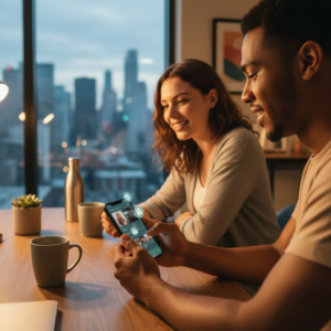 “User checking dating app safety and privacy settings on a smartphone before going out — modern online dating safety awareness.”