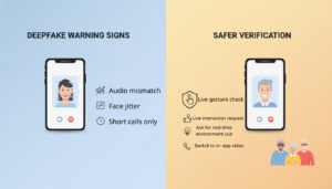 Infographic comparing deepfake warning signs with safer ways to verify identity on video calls.