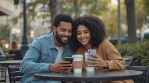 “Two people enjoying a casual coffee date planned via a dating app — affordable and safe outdoor setting.”