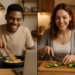 “Split-screen of a couple cooking together at home during a virtual date on a laptop — fun and budget-friendly experience.”