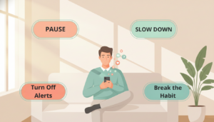 Infographic showing a man with a smartphone as dating app icons float away, with short labels like Pause and Slow Down that visually represent breaking the auto-open habit.