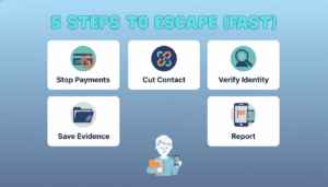 Infographic showing five immediate steps to stop and report a romance scam