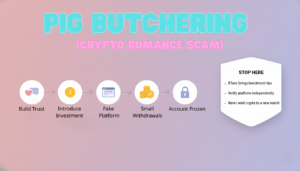 Flowchart infographic explaining pig butchering crypto romance scam steps and where to stop.