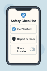 “Phone safety checklist: Verify, Report/Block, Share Location toggle.”