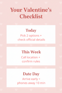 Valentine planning checklist infographic with steps for today, this week, and date day.