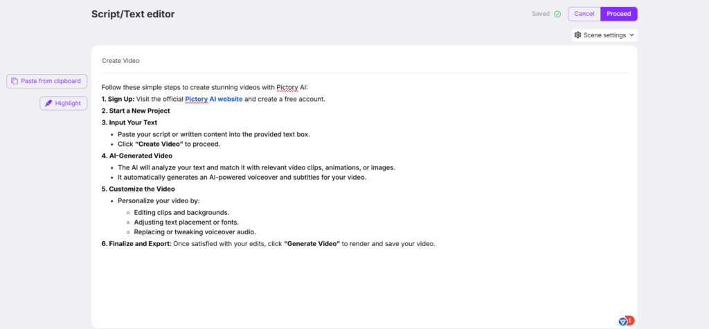 Proceed video in Pictory AI