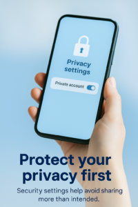 Close-up of smartphone displaying privacy settings screen with padlock icon, reminding users to protect their personal information before dating online.