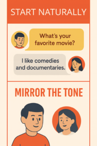 “Split-screen chat showing original tone vs subtly mirrored reply.”