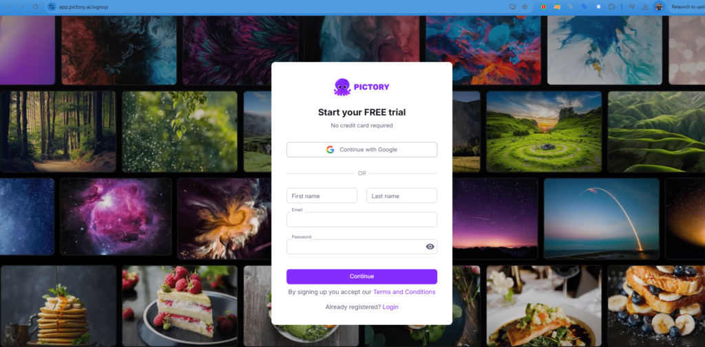 Sign Up Pictory AI Website