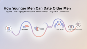 Summary graphic of younger men dating older men guide.