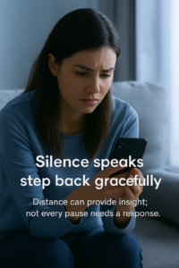 Woman sitting alone and looking at her phone thoughtfully, soft blue lighting showing calm reflection after a conversation fades.
