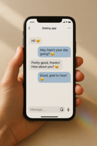 Smartphone showing dating app chat — friendly and safe online interaction.