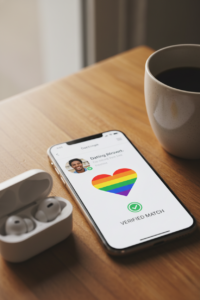 “Smartphone showing verified dating app profile with pride heart icon”