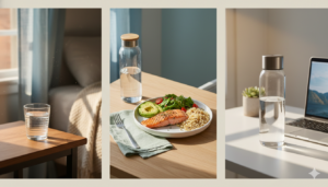 Step 3: Hydration habit: place 3 anchor sips (wake, lunch, mid-afternoon)