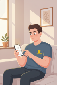 A smartphone showing a faded chat bubble drifting away and a new bright bubble appearing below, symbolizing ghosting and moving on, with a stylized Grindr-style mask icon.