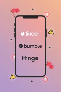 Illustration showing Grindr, Hinge, and Tinder icons with subtle red flag symbols to represent gay dating red flags.