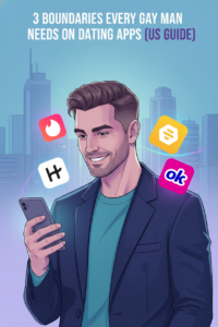 Gay man using dating apps with icons of Tinder Bumble Hinge OkCupid, visualizing the 3 essential boundaries US guide.