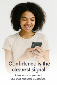 Young woman smiling confidently while holding phone, bright natural light symbolizing clarity and self-assurance after online dating lessons.