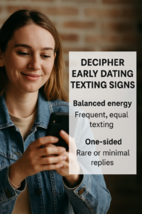 Young woman smiling while looking at phone, educational text overlay comparing balanced vs one-sided texting patterns.