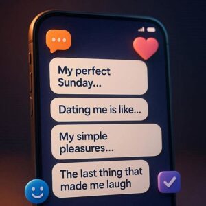 “Smartphone screen showing playful dating app prompts and interests in modern UI.”