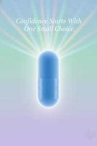 Realistic blue pill with soft glowing halo on a pastel gradient background.
