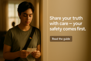 “Young adult at a doorway with a folded note, warm light, parent blurred in the background, calm pre-conversation moment.”