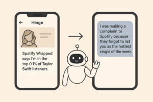 AI-assisted conversation starter generated from a dating app profile prompt.