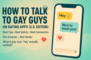 “Illustrated header split into two panels — left side with bold text ‘How to Talk to Gay Guys on Dating Apps (U.S. Edition)’ and right side showing a smartphone with chat bubbles. Conceptual image about online dating communication and safety.”