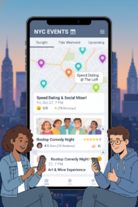 Illustration of dating app event filters showing NYC speed dating options with map pins and diverse users reviewing event listings.