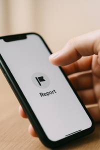 How to use Bumble safely: thumb hovering over generic report icon on phone.