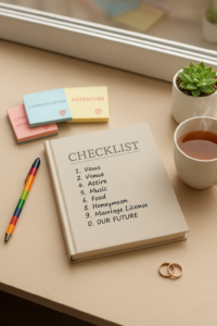 Checklist notebook and pride pen symbolizing LGBT marriage preparation.