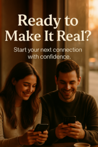 “Motivational photo of a smiling couple at a café during sunset, holding their phones with text overlay ‘Ready to Make It Real? Start your next connection with confidence.’”