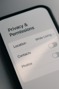 How to use Bumble safely: close-up of phone privacy toggles and permissions screen.